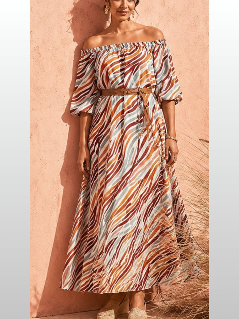 Ann Taylor Zebra Print Puff Sleeve Maxi Dress L Boho Resort Coastal EUC